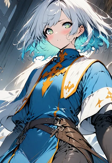 1boy, cleric , white short hair , blue clothes