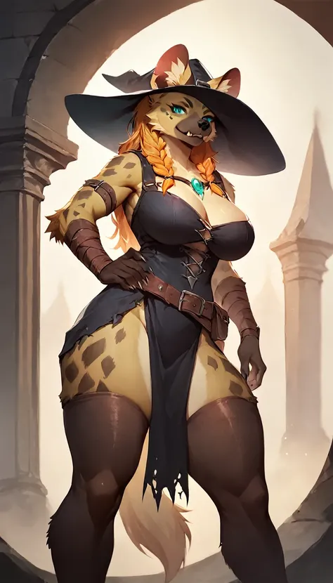 score_9, score_8_up, score_7_up, score_6_up, score_5_up, score_4_up, (solo), female anthro hyena, witch clothes, lusty, fluffy body, long blond hair, turquoise eyes, (thick thighs:1.5) (barely_visible_booba) (she is standing) , giant breasts, gater belt ti...