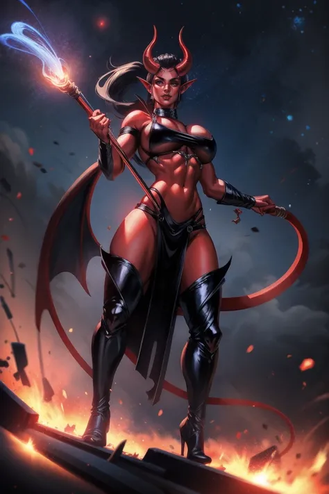 Red skin succubus tiefling, medium breasts, black horns, wings, huge tail, black leather, crop top, long flowing pelvic curtain, tall, toned, graceful, thin, long black ponytail. Action scene, whip. Dark scene, explosions, night sky.