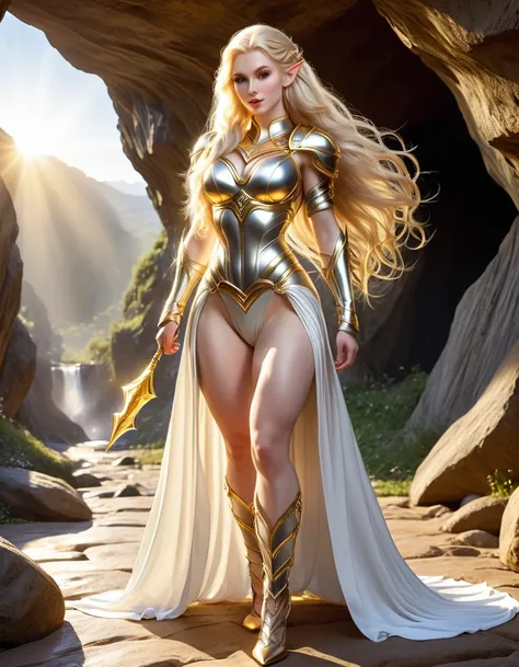 BOMBSHELL BLONDE ELF WOMAN, ELVE CULTURE, , BEAUTIFUL PALE ELF WOMAN, VERY PALE SKIN, LIGHT GRAY EYES, HIGH CHEEKBONES, ROSY CHEEKS, MENTAL FORAMEN, HUGE LONG BLONDE HAIR, DOUBLE BRAIDED HAIR, GOLD THONG LEOTARD ARMOUR, SILVER LONG SPLIT LONG SKIRT, GOLD S...