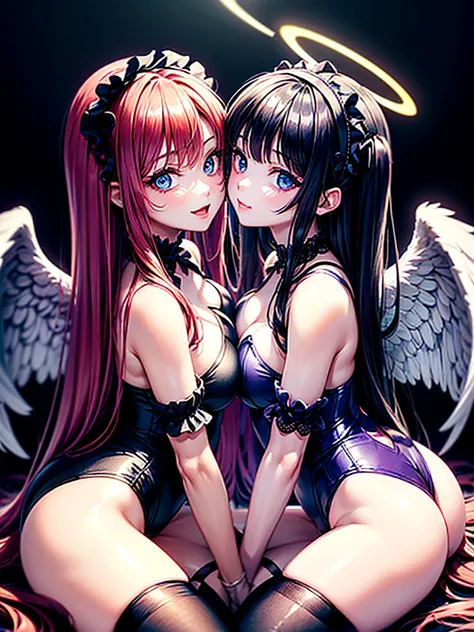 Highest quality,Highest Resolution,(((A beautiful girl with blue eyes, black hair and white angel wings on her back in a maid leotard)))and(((A beautiful girl with red eyes, purple hair, and black angel wings on her back in a gothic lolita leotard)))are ki...