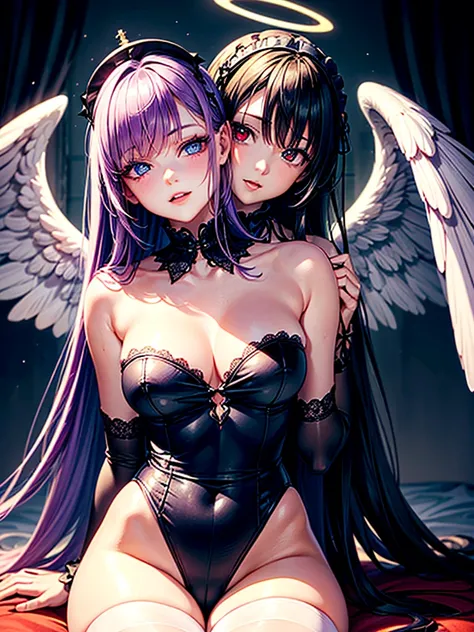 Highest quality,Highest Resolution,(((A beautiful girl with blue eyes, black hair and white angel wings on her back in a maid leotard)))and(((A beautiful girl with red eyes, purple hair, and black angel wings on her back in a gothic lolita leotard)))are ki...