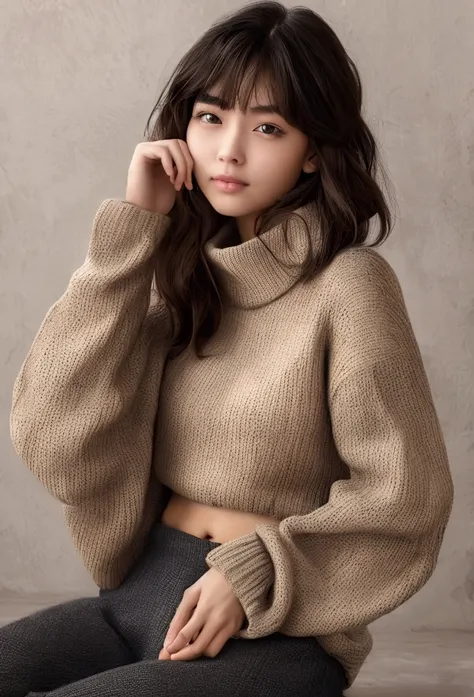 Beautiful American Chinese girl, with short bangs, long hair, 19 years, barely smiles, dull look; Loose dark gray turtleneck sweater. The sweater has a chunky knit collar, cuffs and hem, which adds texture and volume; Wide-leg light beige trousers. The tro...