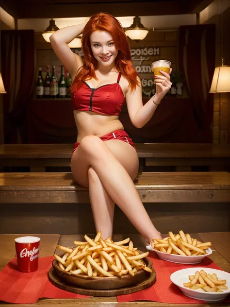 beautiful girl, bright red hair, fair skin, smiling, celebrating friesday with a table full of fries, fullshot