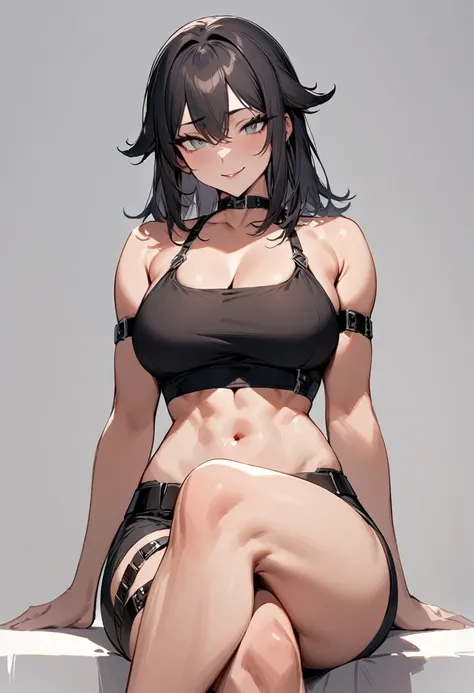 masterpiece, best quality, 1girl, solo, adult, (buff:0.8), black hair, hair flaps, medium hair, gray eyes, large breasts, black crop top, black shorts, arm belts, leg belts, sitting with crossed legs, seductive smile, constricted pupils, white background, ...