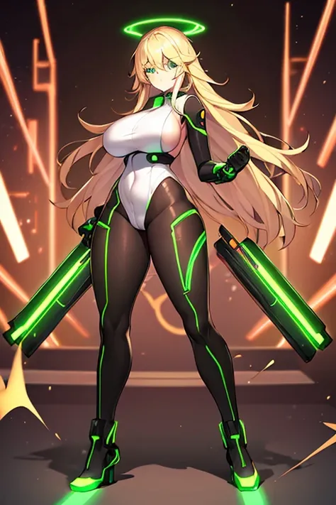 1girl, green eyes, blonde hair, long hair, large breasts, hourglass figure, bodysuit, white bodysuit, neon, neon trim, machinery, tech, science-fiction, futuristic, serious, standing, full body, ((full body)),, pantyhose, black pantyhose, wavy hair, fighti...