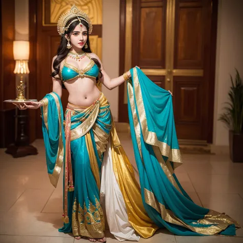 a painting of a woman in a  tricolour flag bikini with gold jewelry, indian Actress of wealth, indian Actress, a stunning full body of a Actress, full body of a beautiful Actress, 3 d Actress radha full body, full body painting of radha rani, beautiful cha...