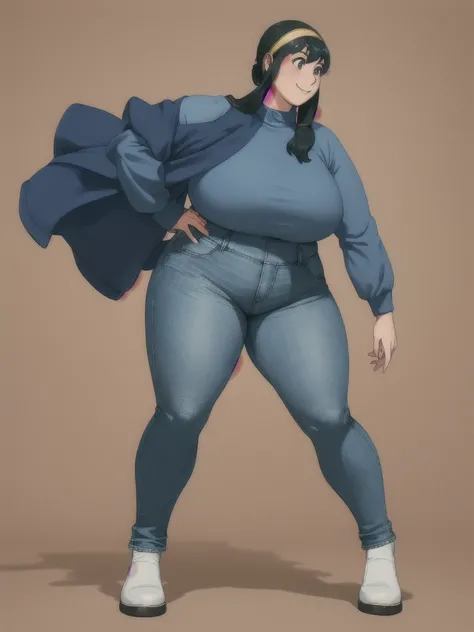 Hands on hips, Stand up straight, ((Full body)), (low head 1.5), A little chubby body type and small breasts, masterpiece, tight denim pants, chubby but small breasts, thick legs++, Full body+, Solo, Swollen face, 1 woman, wide shoulder, (long sleeve tutle...