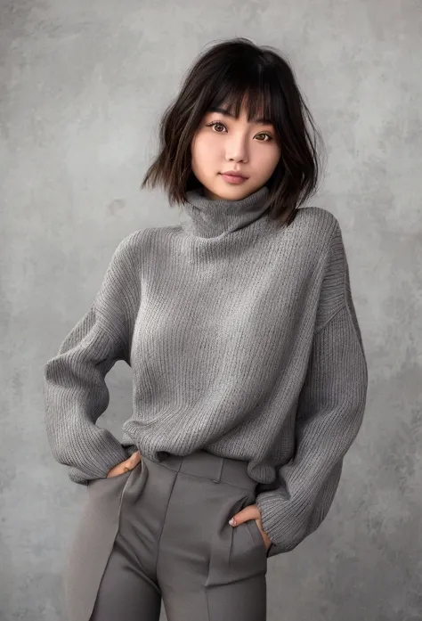 Beautiful American Chinese girl, with short bangs, long hair, 19 years, barely smiles, dull look; Loose dark gray turtleneck sweater; light gray trousers are made in a minimalist style; 8K, Super Detail, Best quality, uhd, high detail, very detailed, maste...