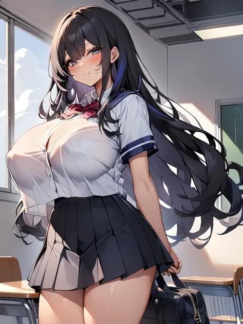 One woman、17 year old female、Huge breasts:1.1、sagging breast:1.1、high school girl、uniform、Black Hair、long hair、clear、Iris、Hold your bag in front of your body with both hands、classroom、Black Skirt