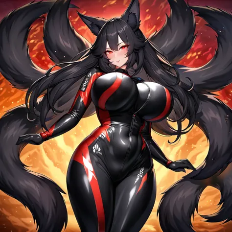 Beautiful black Kitsune, red eyes, highly detailed face, highly detailed eyes, big breasts, Black hair, mature woman, several black kitsune tails, soft long Black Kitsune ears, Wearing red and black Race Suit, wide waist.