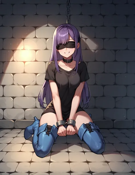 score_9, score_8_up, score_7_up, score_6_up, score_5_up, score_4_up, source_anime, 1 woman, Kneel down, purple hair, long hair, blindfold, smile, w-w-chain, shackles, Went down arms, clean hair, black shirt, short,  blue boots, thigh high boots, heels, cel...