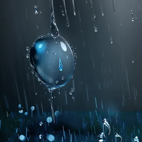 there is a blue water droplet with 水drop on it, rain splashing, rain falling, raining, rainy background, raindrop, rain drop, rain falls, rain. Ultra Detailed, rainfall, pouring rain, falling rain, 水drop, rain, water drop, wet from rain, drop are falling f...