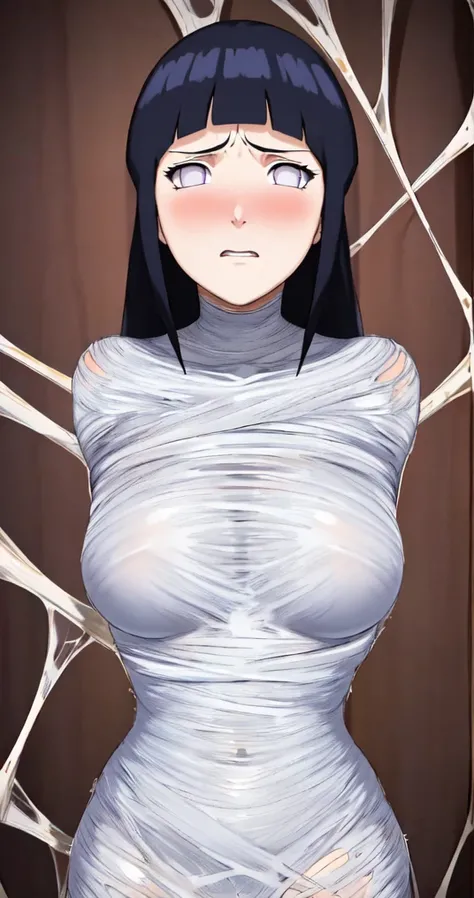 masterpiece, best quality, 1girl, solo, looking at viewer, hinata(shippuden), length hair, messy hair，large breasts , breasts out,  (arms behind back:1.4), hanging,spiders in the web,long spider, Hinata, desperate，struggle, entangled, disgusted face, despa...