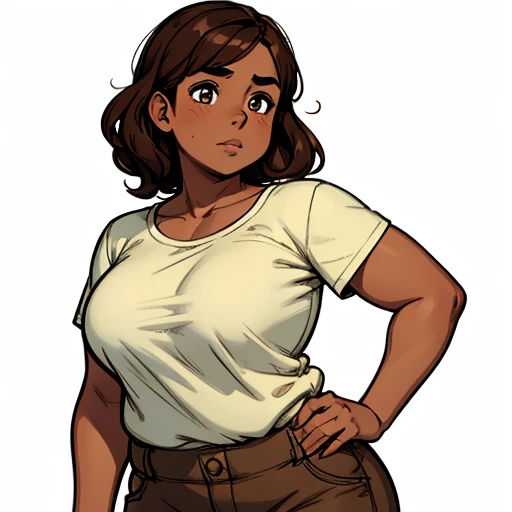 A girl who has honey-colored eyes and short, neck-length, wavy dark brown hair..... He has a somewhat chubby physique, little bust, brown skin.. round face, tender and kind features. Wear a shirt and shorts. Sketch. shading. Turning on. whole body.