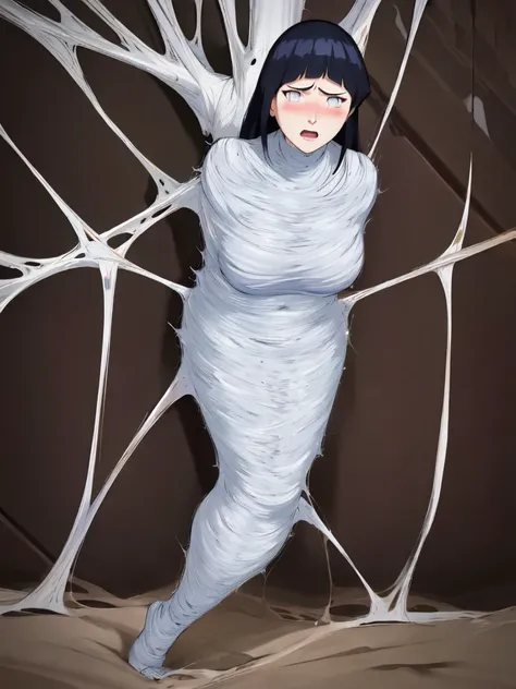 masterpiece, best quality, 1girl, solo, looking at viewer, hinata(shippuden), length hair, messy hair，large breasts , breasts out,  (arms behind back:1.4), hanging,spiders in the web,long spider, Hinata, desperate，struggle, entangled, disgusted face, despa...