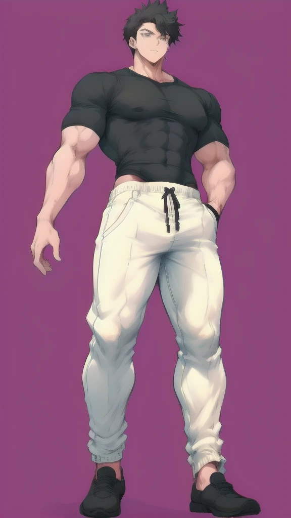 Full body in image, masculine pose, unique hair, casual black t-shirt, white harem pants, slender male body, short hair, hot body, sexy male body, dynamic pose, detailed pose, simple background, expressive face, focus on face, line art, sketch, tall guy, p...