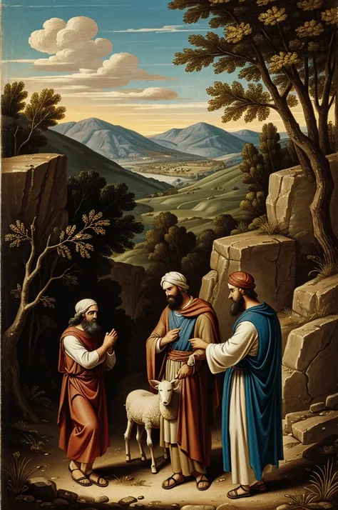 Generate an illustration of Abraham going to sacrifice Isaac but is replaced by the lamb in Cartoon style 