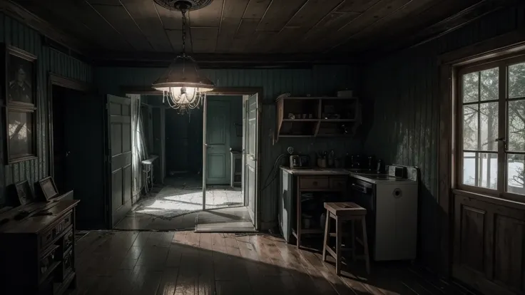 best qualityer) a day house with a horror vibe, make that house closer camera 