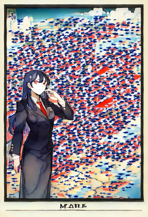 ((Best Quality)), ((Masterpiece)), (detailed) fan art of a woman, Purple long hair, an elegant black suit with a tie, blood red eyes, It is in a dark alley with many red threads around ((dark environment)), ((Low light)), ((anime style, ((animation studio:...