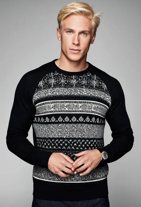 Male guy, blond American, white skin, short straight hair, perfect anatomy (hands), slim and fit body, casual clothes (black printed sweater), professional, real photo, close up photo, skin texture, camera focus canon, RAW photo