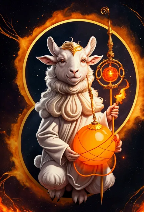 a wizard lamb is wizarding, laughing, he is on the air, there is nothing and nobody in the scene except the lamb, the background is fully orange.