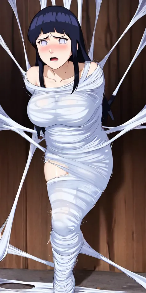 masterpiece, best quality, 1girl, solo, looking at viewer, hinata(shippuden), length hair, messy hair，large breasts , breasts out,  (arms behind back:1.4), hanging,spiders in the web,long spider, Hinata, desperate，struggle, entangled, disgusted face, despa...