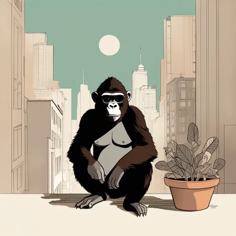 gorilla-like , sweet,very cute,art by Sophie Roach , art by Jon Klassen , art by Michael Cho , art by Sophie Roach、sunglasses,campimg,smoking,city