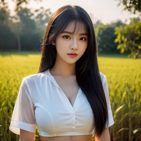 Southeast Asian long-haired woman with a round face, Double eyelids, big eyes, black eyes, Chest 38 inches, Thai anime,Age 25 30 years, realistic, Long-haired woman with a round face, Red cheeks, Pink cheeks, black eyes ตาสองชั้น, black eyes, Thai anime,  ...