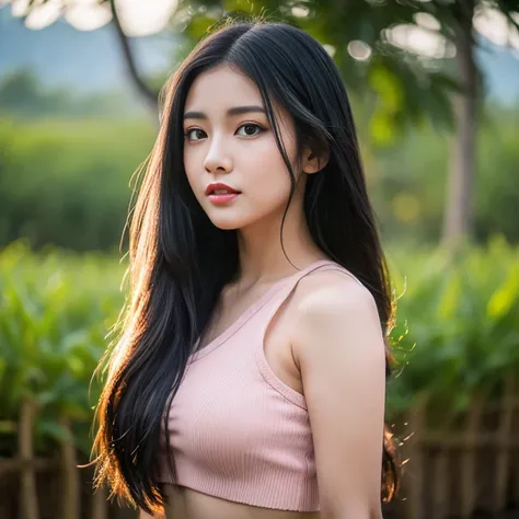 Southeast Asian long-haired woman with a round face, Double eyelids, big eyes, black eyes, Chest 38 inches, Thai anime,Age 25 30 years, realistic, Long-haired woman with a round face, Red cheeks, Pink cheeks, black eyes ตาสองชั้น, black eyes, Thai anime,  ...