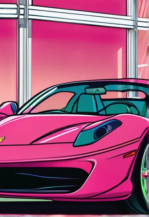 red-haired woman, white skin and green eyes, inside a pink ferrari