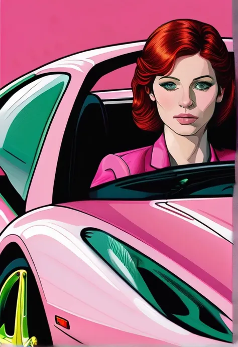 red-haired woman, white skin and green eyes, inside a pink ferrari