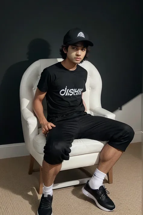 Create a 3D illusion for a WhatsApp profile picture where a boy in a black shirt sits casually on a Wingback Chair. Wearing sneakers ,a black cricket cap, he looks ahead. The background features " siva " in big and capital white fonts on the black wall. Th...