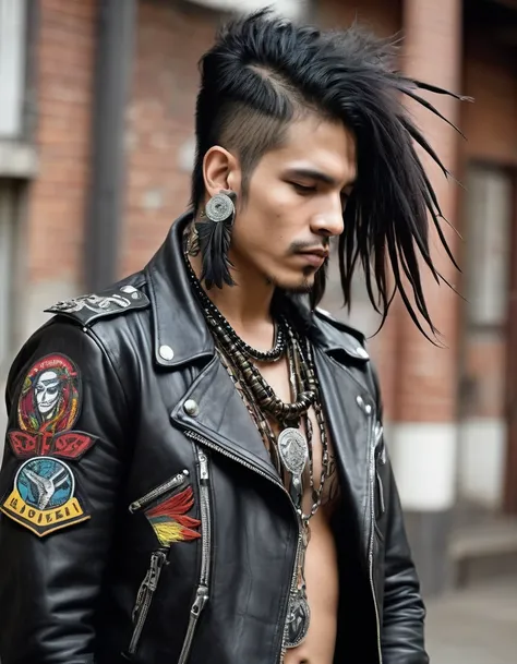 MAKE THE PROFILE OF A MALE MAN Metalhead Style Clothing, or rocker with indigenous and Colombian details in the clothes, leather jacket, black pants and military boots, patches and chain details, seeds and feathers hanging