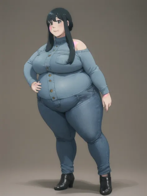 Chubby Yor briar, Hands on hips, Stand up straight, ((Full body)), (low head 1.5), A little chubby body type and small breasts, masterpiece, tight denim pants, chubby but small breasts, thick legs++, Full body+, Solo, Swollen face, 1 woman, wide shoulder, ...