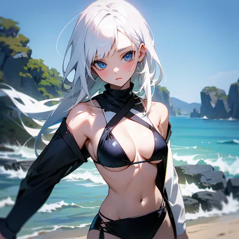 Girl with white hair on the beach with black bikini and big busts 