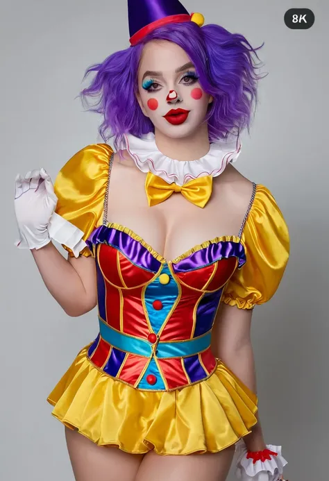 ((high quality:1.2)), (8k), extremely detailed, ((High detail:1.2)), ((best resolution:1.4)), Solo, 24 years old female, ((sexy clown outfit)), 