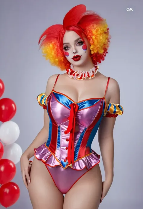 ((high quality:1.2)), (8k), extremely detailed, ((High detail:1.2)), ((best resolution:1.4)), Solo, 24 years old female, ((sexy clown outfit)), 