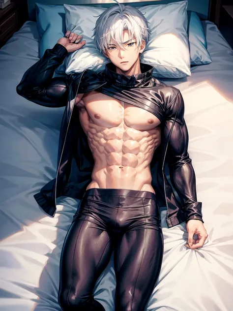 Anime guy about 16 without outerwear. Muscular with 6-pack abs and back. With white hair. Lying on the bed. 