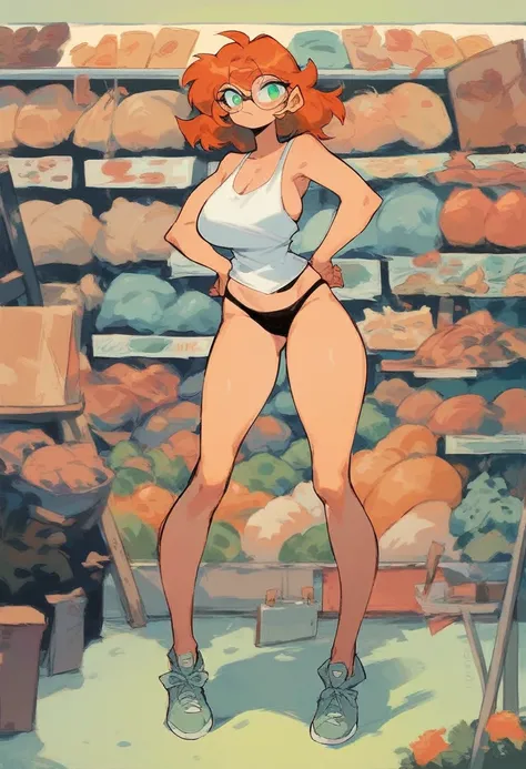 1 woman, wavy orange hair, green eyes , sly face , glasses , white tank top , black panties , abdomen, big breasts , Long legs , Put your hands on your hips.... , canvas shoes , convenience store