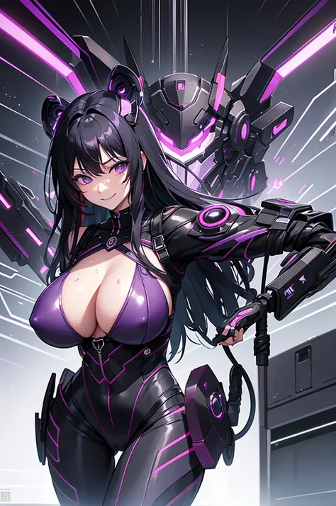 woman、Early 20s、cyber punk、Wicked Smile、Black Hair、Long Hair、Multicolored Hair、Purple Eyes、breast enhancement、sexy、Exposed breasts and genitals、Using a ropeＭRestrained in a splayed leg position、Being showered with semen from all around、Tight combat suit、