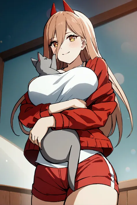 a girl, , wearing a red jacket and a very short white shirt, showing her breasts a little, hugging a cat, wearing red shorts, looking at us with a sparkling look . detailed image, high 4k resolutions 