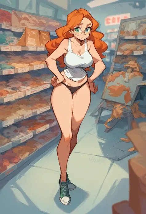 1 woman, wavy orange hair, green eyes , sly face , glasses , white tank top , black panties , abdomen, big breasts , Long legs , Put your hands on your hips.... , canvas shoes , convenience store