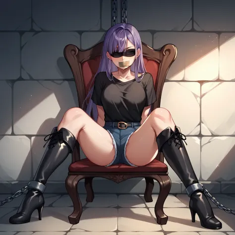 score_9, score_8_up, score_7_up, score_6_up, score_5_up, score_4_up, source_anime, 1 woman, вид сверху, sit, chairs, purple hair, long hair, blindfold, tape your mouth shut, w-w-chain, shackles, Went down arms, legs, clean hair, black shirt, short, black b...