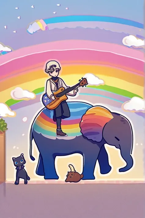 ((Лучшее качество)), ((шедевр)), (подробный), Rainbow cat plays guitar while walking on an elephant