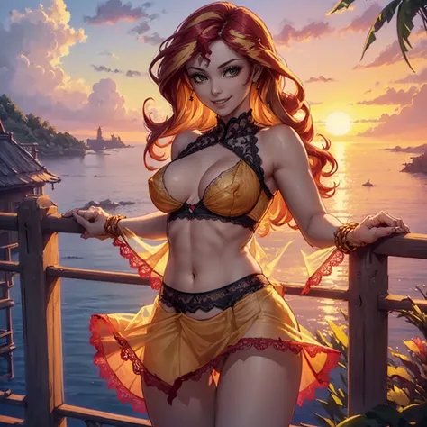 (((beautiful female body))),(((sunsetshimmer as a sweet charming hot seductive horny model))) ,(((red and yellow color hair))),(((stand hold a lace skirt with hands)))), (((outdoor))),(((sea in background))),(((lewd and erotic posing))), (((happy wicked sm...