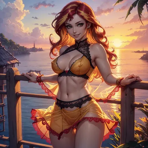 (((beautiful female body))),(((sunsetshimmer as a sweet charming hot seductive horny model))) ,(((red and yellow color hair))),(((stand hold a lace skirt with hands)))), (((outdoor))),(((sea in background))),(((lewd and erotic posing))), (((happy wicked sm...