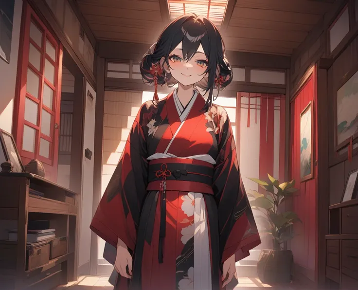 work of art, 1 girl, sim miko, kimono, inside the house, cowboy shot, drlight smile, sex,