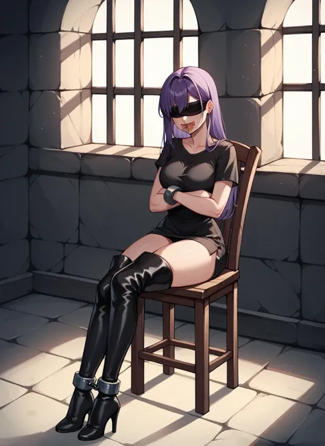 score_9, score_8_up, score_7_up, score_6_up, score_5_up, score_4_up, source_anime, 1 woman, вид спереди, sit, chairs, purple hair, long hair, blindfold, tape your mouth shut, w-w-chain, shackles, Went down arms, legs, clean hair, black shirt, short, black ...