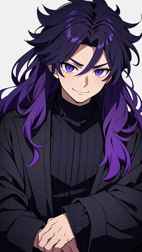 taisho period Japan man, dark aesthetic, darkwave aesthetic, grunge aesthetic, eerie moorlands behind him, dark aesthetics, eerie thriller aesthetic, dark and moody aesthetic, ominous, royal purple/dark blue hair, bright gray eyes, wolfcut, Kyojuro Rengoku...